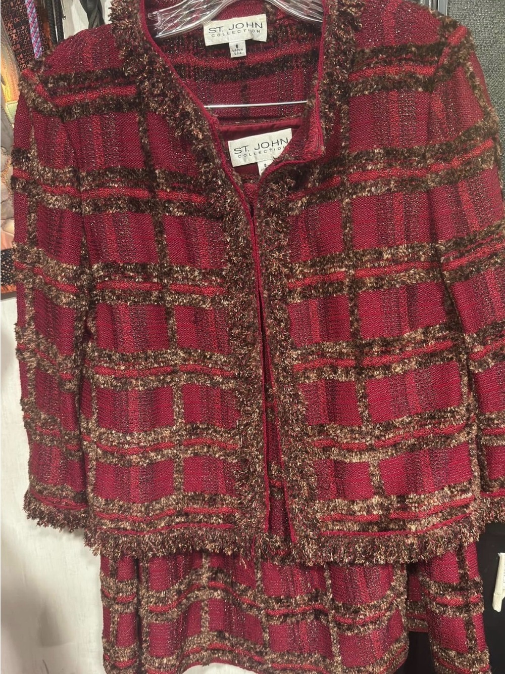 St. John Red with  Fringe Trim skirt suit *POCKETS*